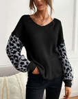 Womens V Neck Sweater With Leopard Print Sleeves