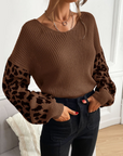 Womens V Neck Sweater With Leopard Print Sleeves