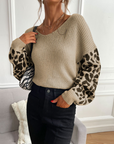 Womens V Neck Sweater With Leopard Print Sleeves