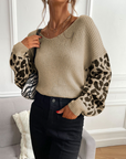 Womens V Neck Sweater With Leopard Print Sleeves