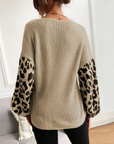 Womens V Neck Sweater With Leopard Print Sleeves