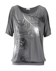 Womens Cut Shoulder Casual T Shirt with Feather Print