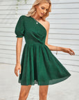 One Shoulder Polka Dot Puff Sleeve Ruffle Dress