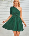 One Shoulder Polka Dot Puff Sleeve Ruffle Dress
