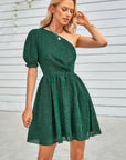 One Shoulder Polka Dot Puff Sleeve Ruffle Dress