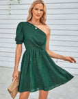 One Shoulder Polka Dot Puff Sleeve Ruffle Dress