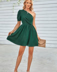 One Shoulder Polka Dot Puff Sleeve Ruffle Dress