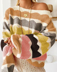 Yellow Wave Striped Balloon Sleeve Drop Shoulder Sweater