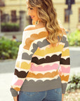 Yellow Wave Striped Balloon Sleeve Drop Shoulder Sweater