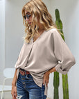 Apricot V Neck 3/4 Sleeve Hem Shirt