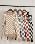 Brown Checkered Print Drop Shoulder Round Neck Sweater