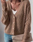 Dark Khaki Open Knit Drop Shoulder Sweater Cardigan
