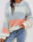 Pink Colorblock Textured Knit Bubble Sleeve Sweater