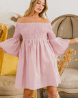 BiBi Smocked Off Shoulder Striped Dress