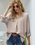 Apricot V Neck 3/4 Sleeve Hem Shirt