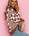 Brown Checkered Print Drop Shoulder Round Neck Sweater