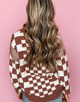 Brown Checkered Print Drop Shoulder Round Neck Sweater