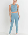 High Waist Hybrid Mesh & Lattice Straps Leggings