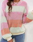 Pink Colorblock Textured Knit Bubble Sleeve Sweater