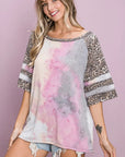 BiBi Tiedye French Terry with Leopard Sleeve Top
