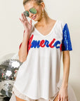 BiBi Metallic Letter V-neck Sequin Sleeves Top