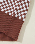 Brown Checkered Print Drop Shoulder Round Neck Sweater