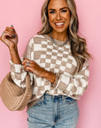 Brown Checkered Print Drop Shoulder Round Neck Sweater