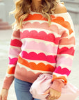Yellow Wave Striped Balloon Sleeve Drop Shoulder Sweater