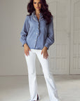 Beau Blue Ruffled Long Sleeve Denim Shirt