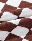 Brown Checkered Print Drop Shoulder Round Neck Sweater