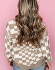 Brown Checkered Print Drop Shoulder Round Neck Sweater