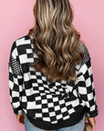 Brown Checkered Print Drop Shoulder Round Neck Sweater