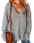 Light Grey Oversized V Neck Drop Shoulder Sweater with Eyelet Detail