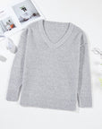 Light Grey Oversized V Neck Drop Shoulder Sweater with Eyelet Detail