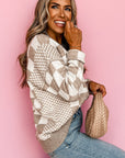 Brown Checkered Print Drop Shoulder Round Neck Sweater