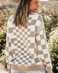 Brown Checkered Print Drop Shoulder Round Neck Sweater