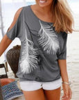 Womens Cut Shoulder Casual T Shirt with Feather Print