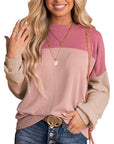 Womens Color Block Long Sleeve Crewneck Knitted Casual Pullover Tops
