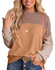 Womens Color Block Long Sleeve Crewneck Knitted Casual Pullover Tops