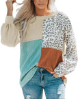Leopard Patchwork Color Block Ribbed Long Sleeve Top