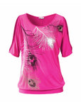 Womens Cut Shoulder Casual T Shirt with Feather Print
