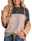 Womens Color Block Long Sleeve Crewneck Knitted Casual Pullover Tops