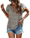 Boho Tops Floral V Neck Short Sleeve Summer Blouse