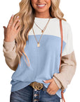 Womens Color Block Long Sleeve Crewneck Knitted Casual Pullover Tops