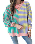 Women Stripe Color Block Drop Shoulder Pullover Sweatshirt