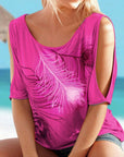 Womens Cut Shoulder Casual T Shirt with Feather Print