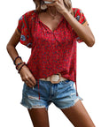 Boho Tops Floral V Neck Short Sleeve Summer Blouse