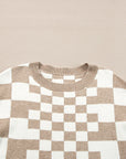 Brown Checkered Print Drop Shoulder Round Neck Sweater