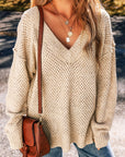 Light Grey Oversized V Neck Drop Shoulder Sweater with Eyelet Detail