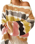 Yellow Wave Striped Balloon Sleeve Drop Shoulder Sweater